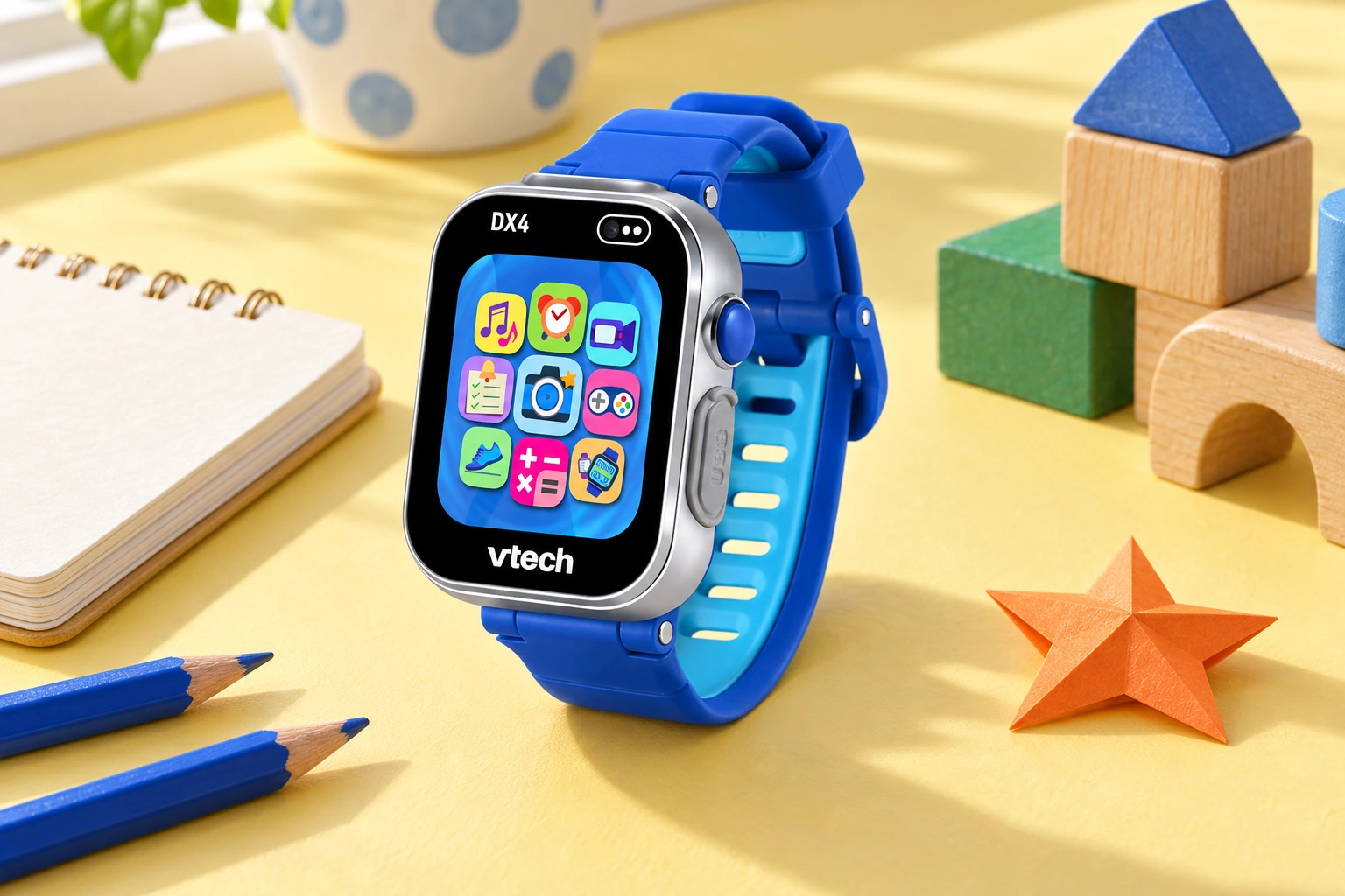 Blue VTech KidiZoom DX4 styled with a notebook and art materials on a yellow desk